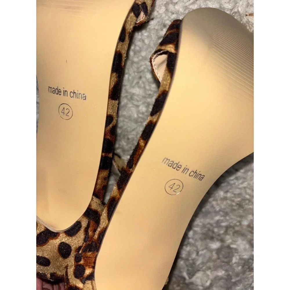 Leopard Print Strappy Stiletto Heels Ankle Strap Sandal Brown Black Size 10